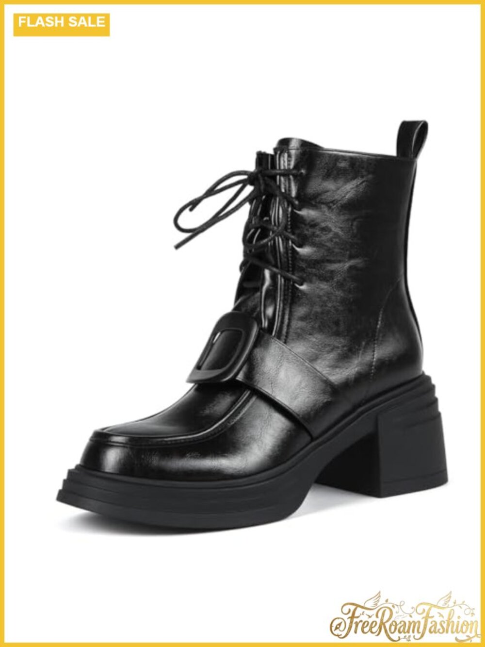 Faux Leather Chunky Platform Heel Lace Up Ankle Boots Combat Booties
